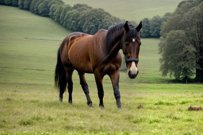 horse, grazing, meadow, field, grass, nature, outdoors, animal, rural, farm, landscape, horse tail, green trees, natural environment, calm environment, tranquility, may, hills, beside tree, deciduous tree