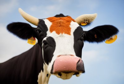 cow, portrait, funny, tongue, licking, farming, animal, cattle, holstein, face, snout, nose, horns, outdoors, sky, savannah, agriculture, mammal, rural, nature, pasture