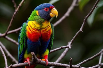 rainbow lorikeet, colorful bird, exotic bird, colorful feathers, wild fauna, tree branches, natural environment, sitting bird, bright colors, ornithology, sunlight, native species, little bird, yellow, nature, parrot, green, orange, wilderness, jungle