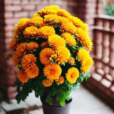 chrysanthemum, flower pot, orange color, autumn, brick wall, decoration, fresh, garden, natural, floristry, detail, bucket, decorative, bright, cute, arrangement, outdoors, nature, environment, botany, cultivation