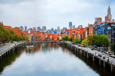 cityscape, river, architecture, buildings, urban, road, street, cars, landscape, nature, sky, spain, water, bilbao