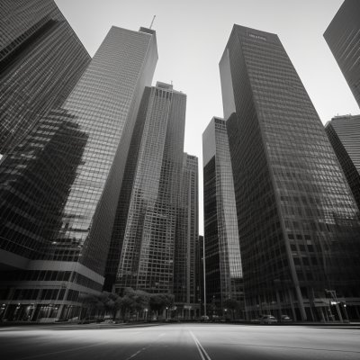 skyscrapers, city, office building, black-and-white, black and white photo, glass facades, urban, architecture, road