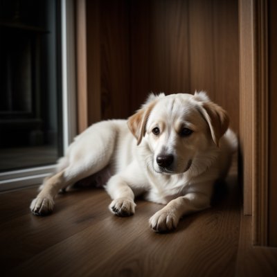 dog, pet, lying, rest, shallow focus, natural light, wood floor, interior, domestic, home, look, expression, company, serenity, animal, faithfulness, animal photography, depth of field, soft light, intimacy, foreground, Valpuiseaux, France, Île-de-France