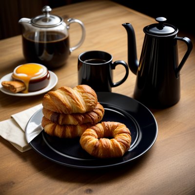 breakfast, croissant, jam, honey, coffee machine, coffee pot, black dishes, bread basket, bun, paprika, tomatoes, rustic table, baked goods, morning meal, mediterranean, comfortable, food scene, enjoyment, café atmosphere