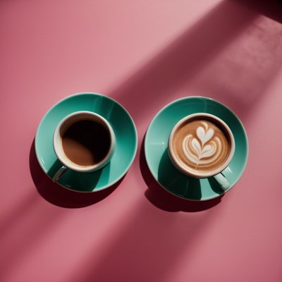 coffee, espresso, cappuccino, cup, saucer, pink background, shadows, milk foam, latte art, two cups, blue ceramic, morning, table setting, pink coffee, coffee cup, stylish photo, coffee with friends, daylight, tranquil moment, classic design