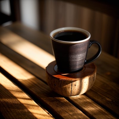 coffee, cup, ceramic, mug, sunlight, wood, table, texture, shadows, morning, cozy, calm, soft light, handmade, brown, coffee cup, blue, glaze, pottery, craft, detail